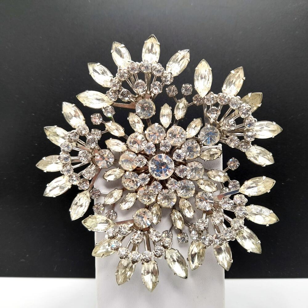 Vintage 1950s Riveted Rhinestone Flower Brooch Large 4 Inch Pin